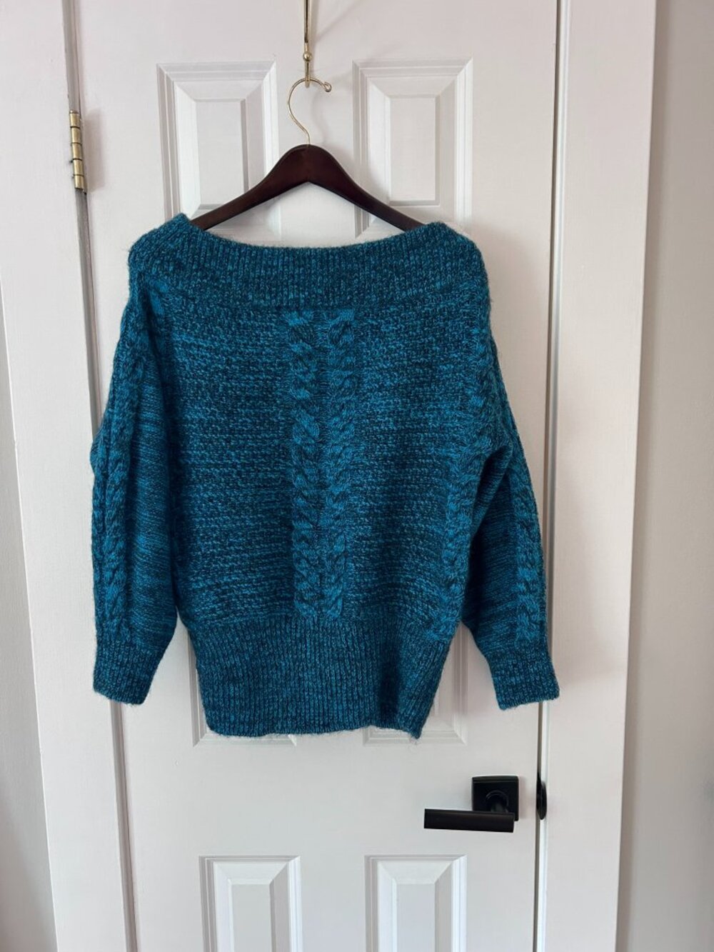 Sleeping on Snow Anthropologie Teal Off Shoulder Cable Knit Sweater Size S
